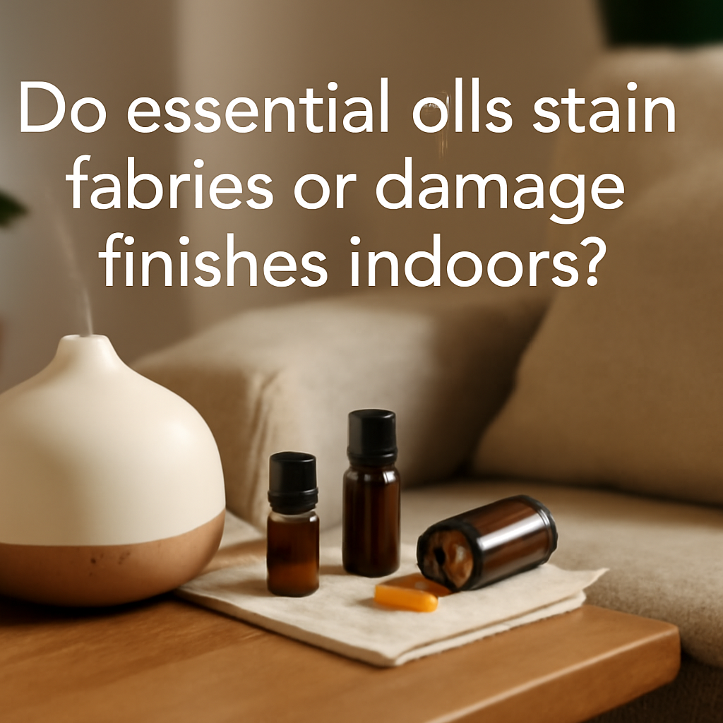 Do essential oils stain fabrics or damage finishes indoors?