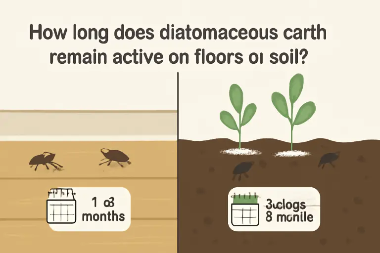 How long does diatomaceous earth remain active on floors or soil?