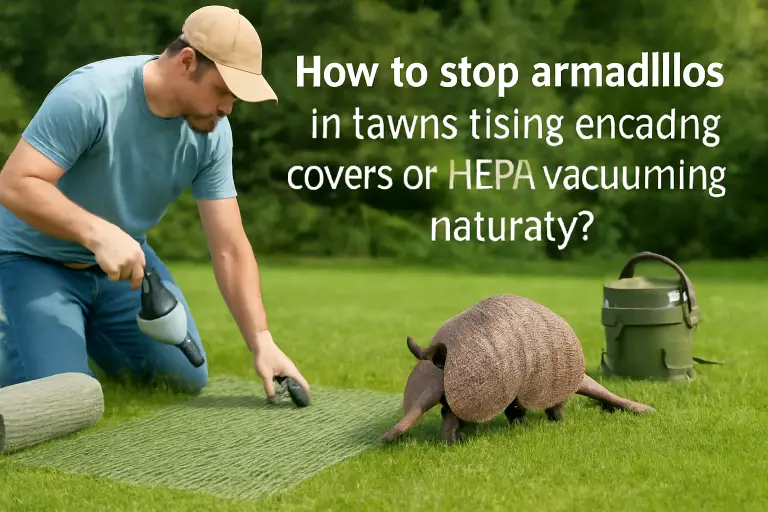 How to stop armadillos in lawns using encasing covers or HEPA vacuuming naturally?