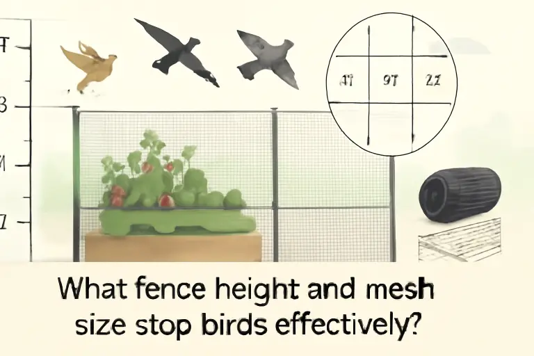 What fence height and mesh size stop birds effectively?