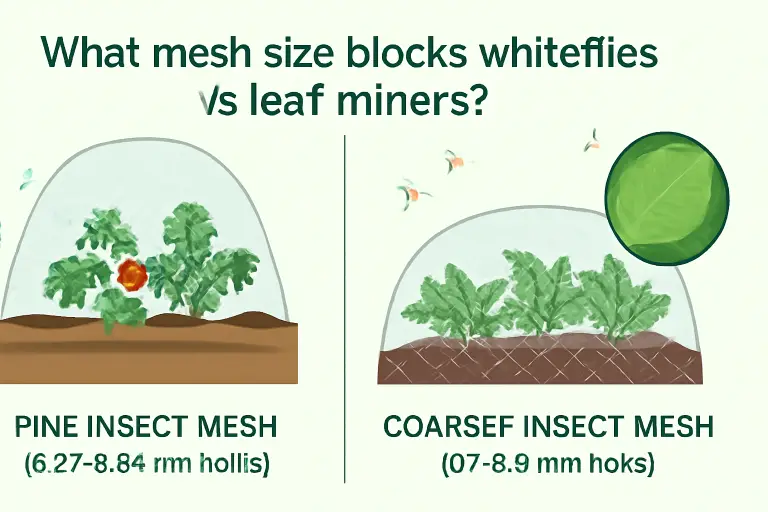What mesh size blocks whiteflies vs leaf miners?