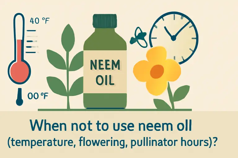 When not to use neem oil (temperature, flowering, pollinator hours)?