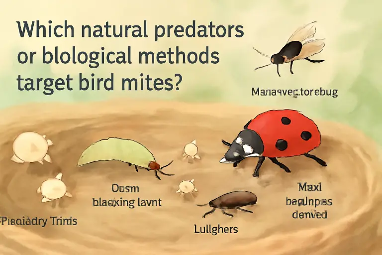 Which natural predators or biological methods target bird mites?