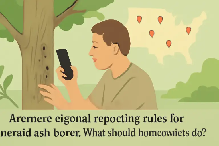 Are there regional reporting rules for emerald ash borer; what should homeowners do?