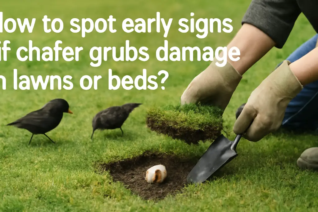 How to spot early signs of chafer grubs damage in lawns or beds?