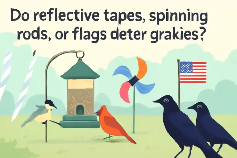 Do reflective tapes, spinning rods, or flags deter grackles?