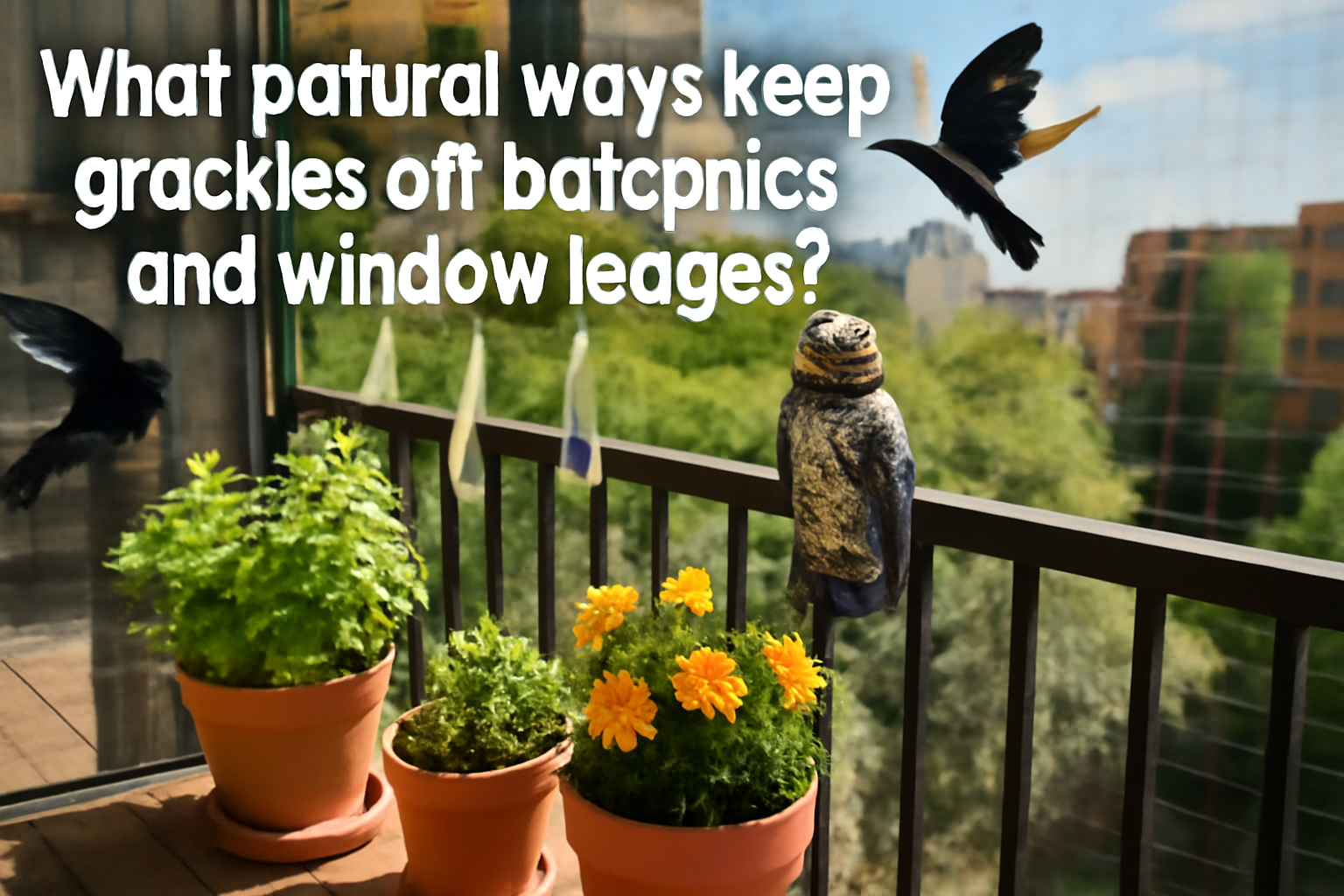 What natural ways keep grackles off balconies and window ledges?