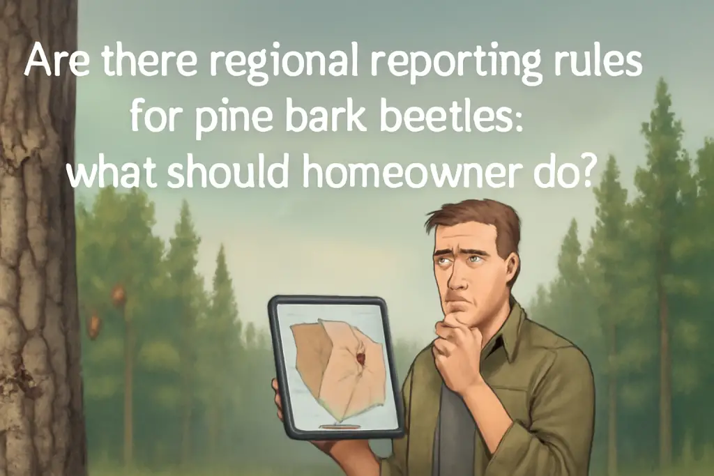 Are there regional reporting rules for pine bark beetles; what should homeowners do?