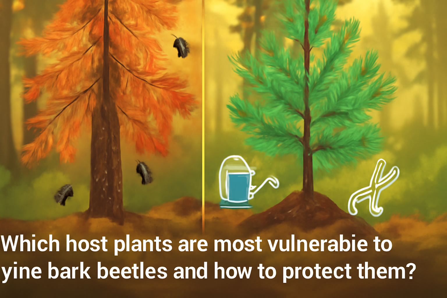 Which host plants are most vulnerable to pine bark beetles and how to protect them?