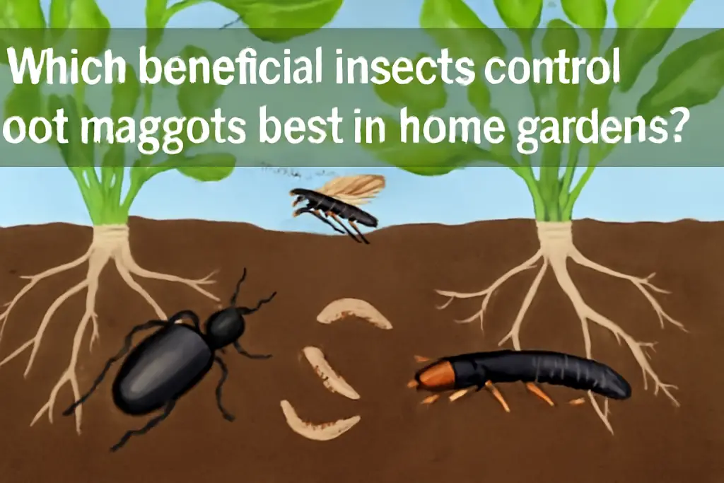 Which beneficial insects control root maggots best in home gardens?