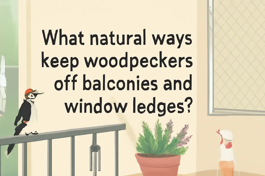 What natural ways keep woodpeckers off balconies and window ledges?