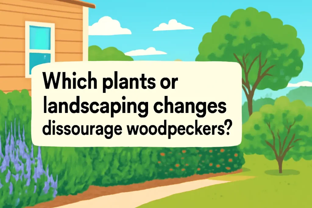 Which plants or landscaping changes discourage woodpeckers?