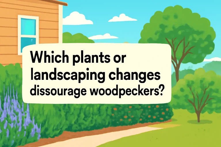 Which plants or landscaping changes discourage woodpeckers?